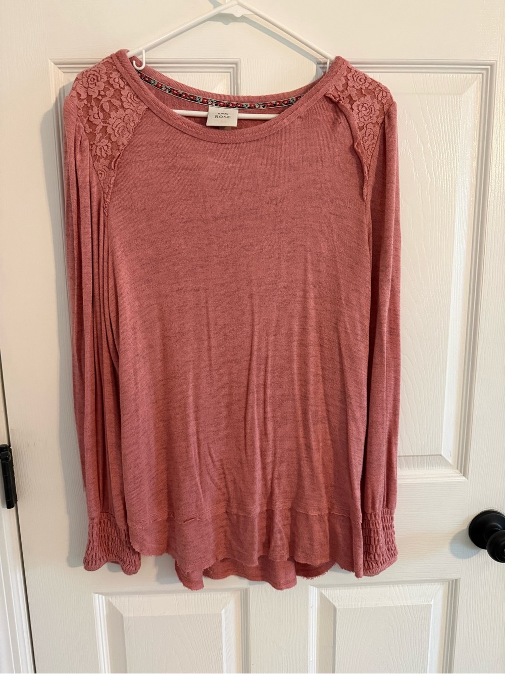Knox Rose Dusty Rose Lace-Shoulder Long Sleeve Top